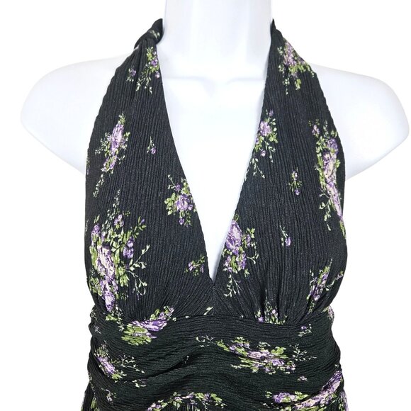 Womens Size M Black Floral Halter Neck Mini Dress Open Back Lined Sexy Party - Picture 6 of 11